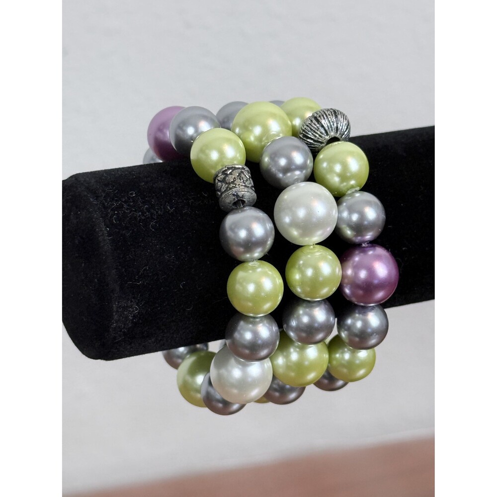 Handmade Set of 3 Recycled Pastel Faux Pearl & Metal Beaded Elastic Bracelets 6”